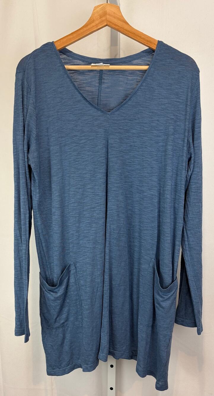 J. JILL Slub Knit Tunic Top V Neck Long Sleeve Pockets Cotton Modal Blue Size M